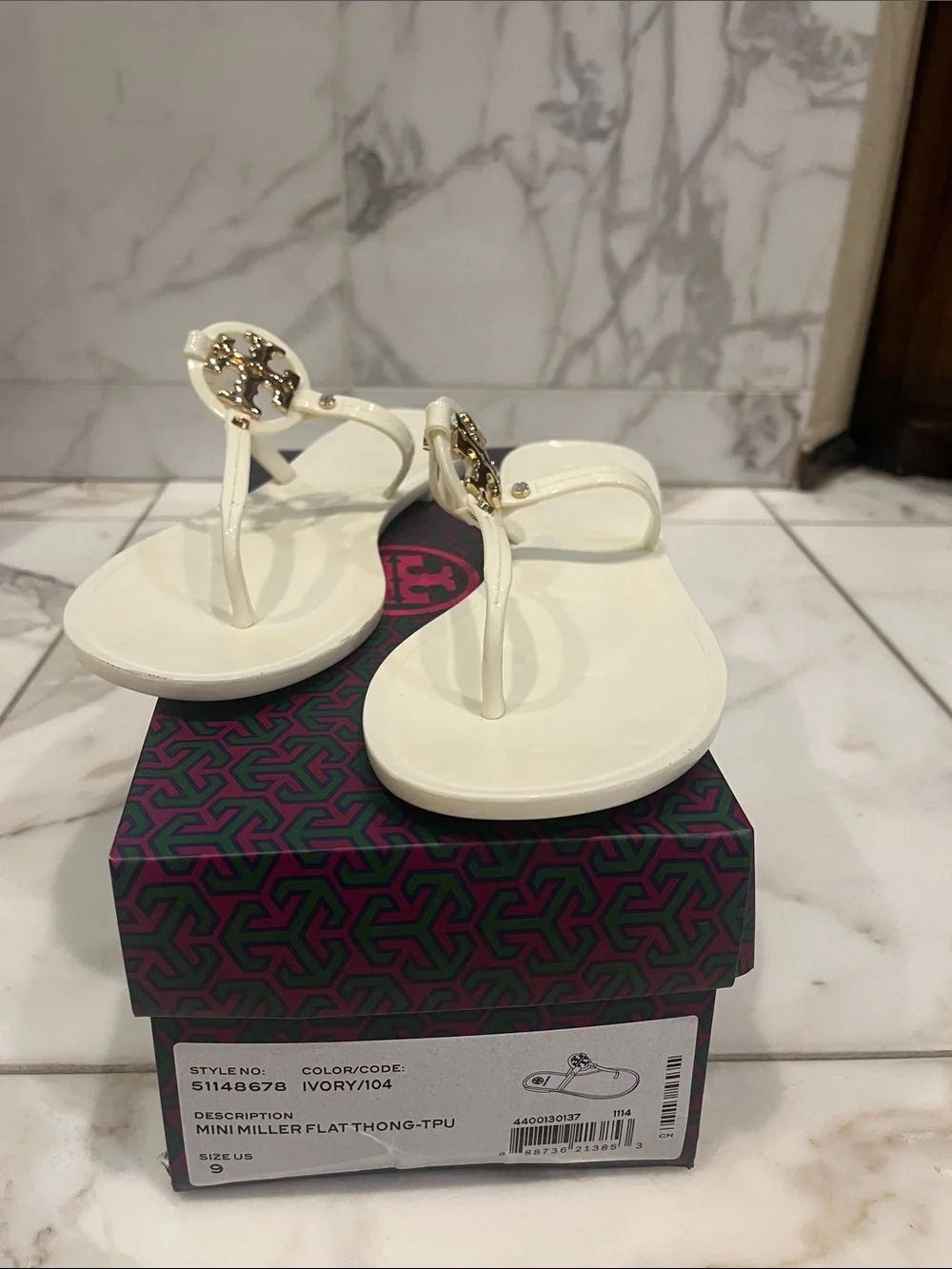 Tory Burch Ivory Mini Miller Thong Sandals with Gold Logo size 9